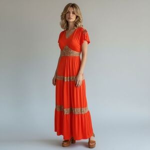 Vtg 70s Orange Maxi Dress Floral Empire Waist Renaissance Boho Whimsigoth Sz 9